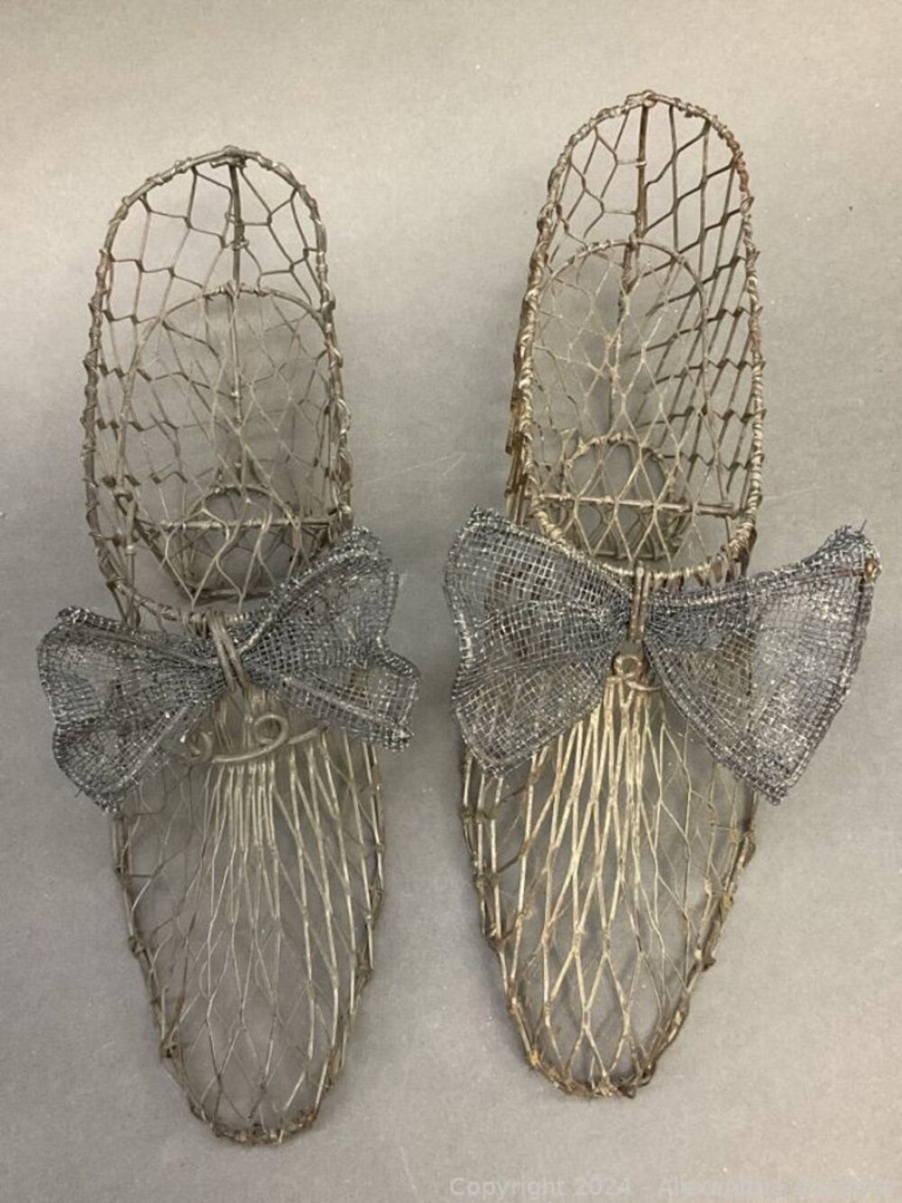 Brutalist Victorian metal wire high heeled shoes bow sculpture sewing vintage